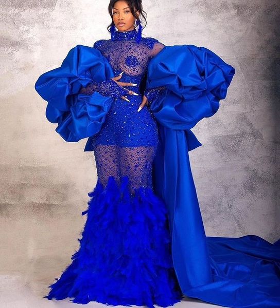 2023 May Aso Ebi Ebi Royal Blue Prom Dress Dress Mermaid Crystals Cristais Feather Evening Festa formal