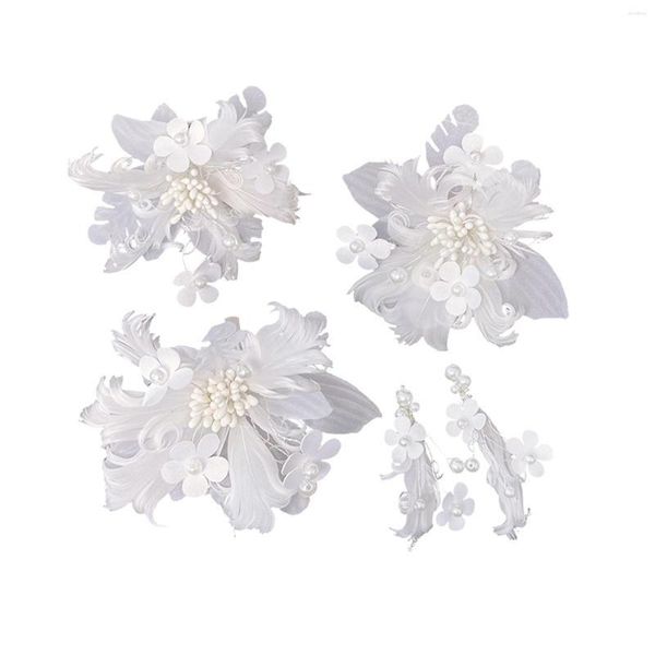 Backs Orecchini White Feather Flower Hair Pin Stile elegante Accessori fatti a mano per la principessa Bomboniere Ly