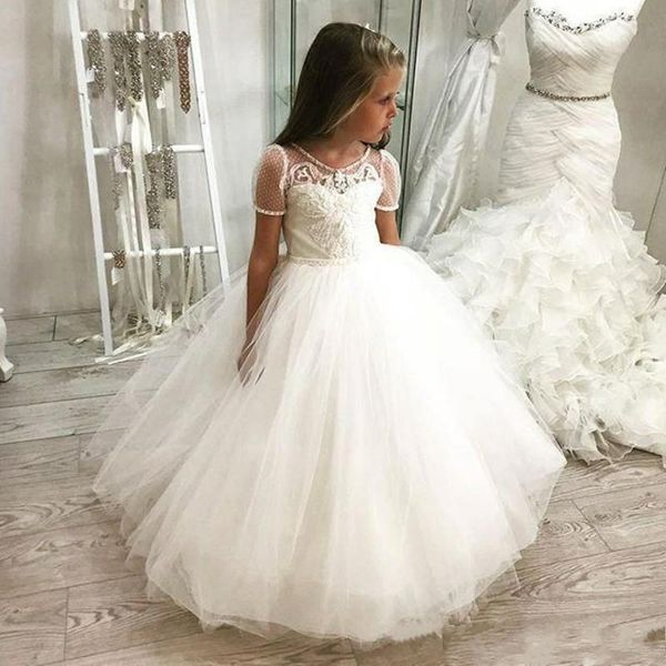 2023 White Flower Girls Dresses para casamentos Jóia pescoço de mangas curtas Apliques de renda de miçangas longa do andar de piso de aniversário Criança