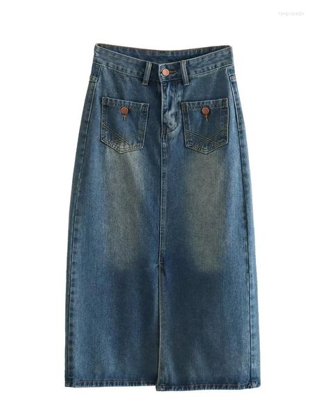 Saias Zat Jeans Longo Mulher de jeans 2023 Mulheres azuis Cantura alta midi com fenda y2k streetwears feminino