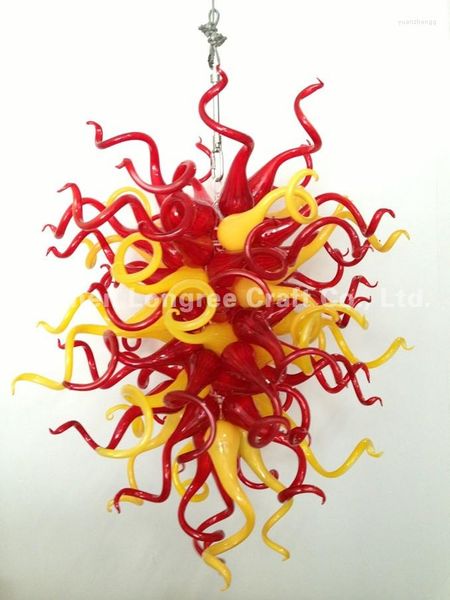 Lustres de lustres vintage amarelo e lâmpadas tropicais vermelhas 40 polegadas Arte de vidro LED