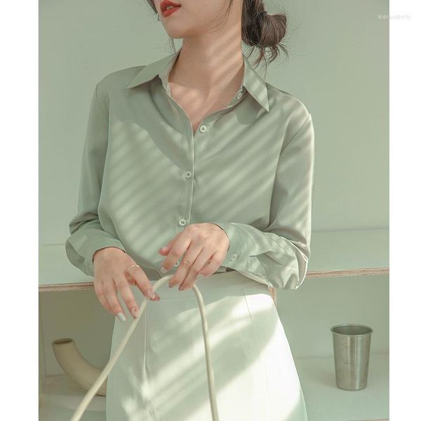 Blouses feminina Summer Matcha Butter Mulheres verdes Camisa de cetim Office Lady Lady Oversize Plus Tamanho Tops de Moda Longa Moda Button Up