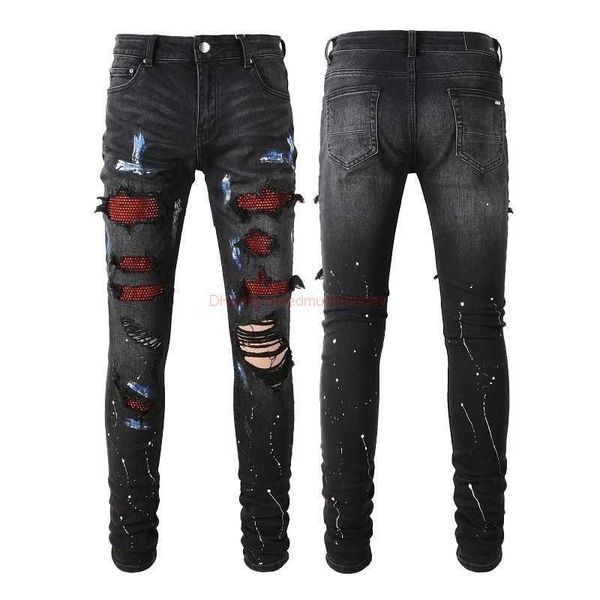 Дизайнерская одежда Джинсы Джинсовые брюки Мода Хай-стрит Совершенно новый черный патч с дырками Красный ромбовидный эластичный для мужчин и женщин 8616 Проблемные
