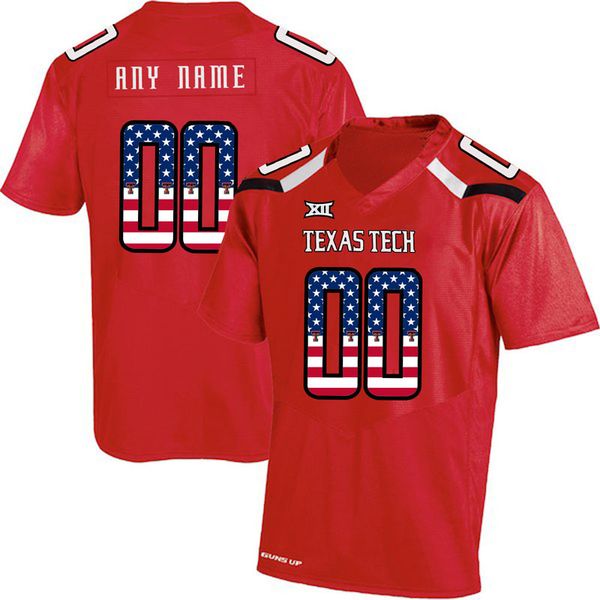 Benutzerdefinierte Texas Tech-Trikots passen Herren-College-Rot-Schwarz-Weiß-US-Flagge-Mode-Erwachsenengröße-American-Football-Kleidung mit genähten Trikots an