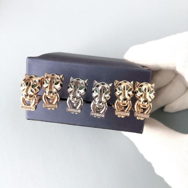 Coleção de designer estilo moda feminino Brincos de garanhão embutido zircão cúbico manchas pretas manchas de leopardo clipe de orelha colorida com cabeça de leopardo