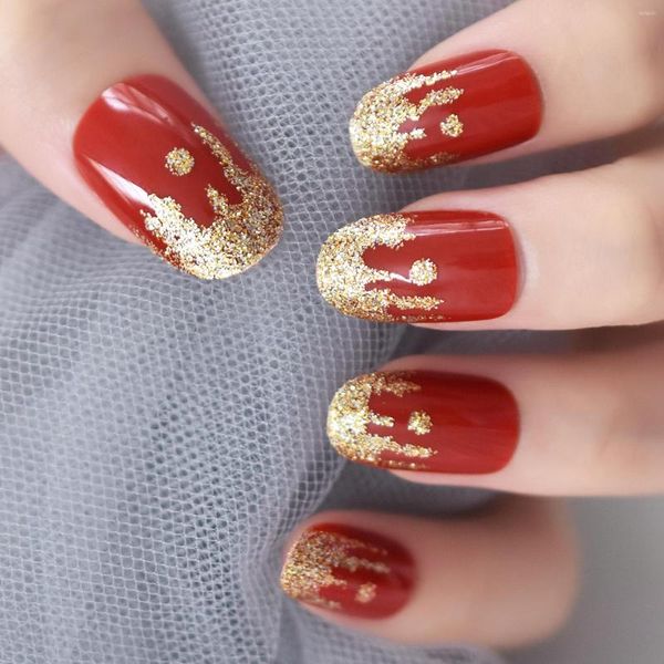 Unghie finte medio ovale rosso oro glitter stampa su manicure da salone punte riutilizzabili per unghie finte unghie fai da te per la festa di nozze