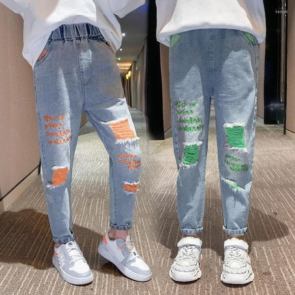 Jeans 2-12Y Mode Junge Loch Farbe Stickerei Hosen Baby Mädchen Denim Kinder Kinder Dünne Lange Hosen Böden Kleidung