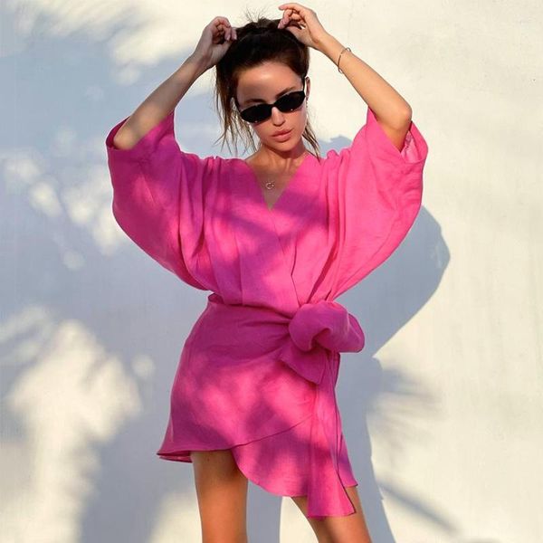 Abiti casual Abito estivo 2023 Moda rosa scollo a V ampio corto da donna vestito estivo da donna in cotone traspirante spiaggia di lino