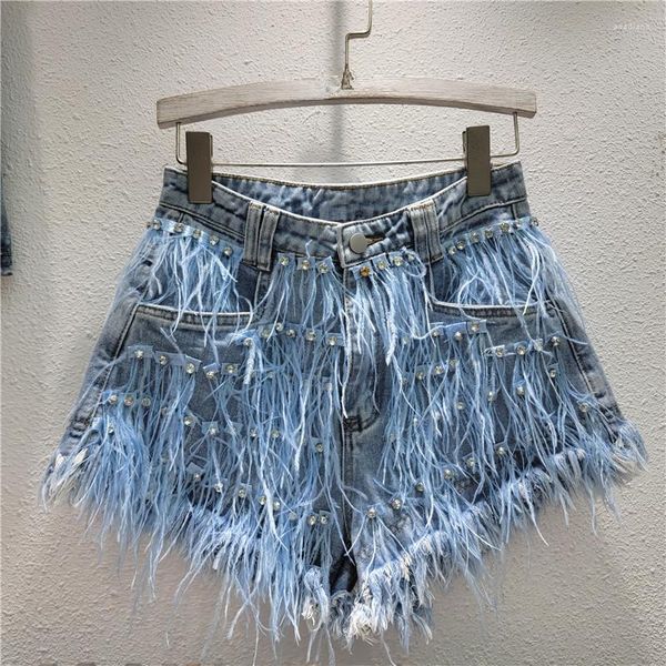 Shorts femininos kohuijoo diamante jeans women 2023 Personalidade Avestruz pesada Design de cabelo Tassel Moda lavada Jeans