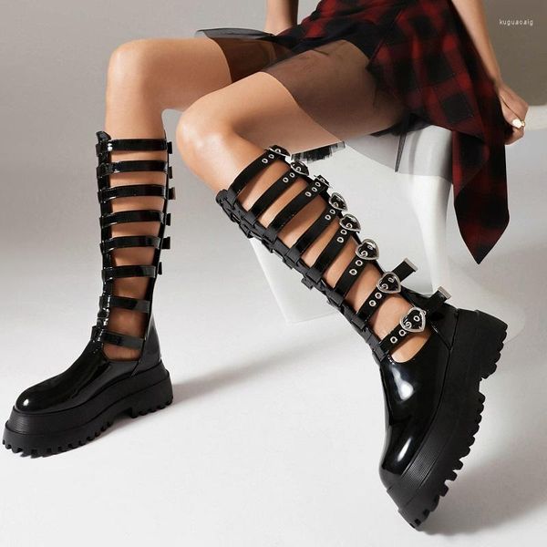 Sandálias ippeum feminino plataforma gladiador Black Punk Sapatos Summer Summer Hollow Belt Gothic Knee High Boots