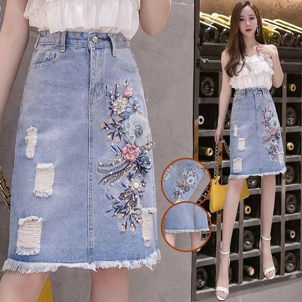 Gonne 2023 Donna Primavera Estate Casual Ricamo Denim Lady Button Hole A-line Split Skirt Donna Elegante Plus Size Faldas D861