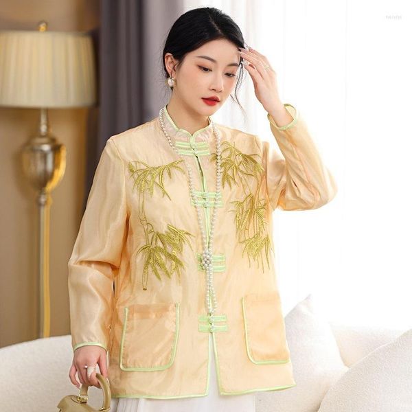 Roupas étnicas de ponta de ponta de primavera e verão de ponta chinesa de estilo chinês bordado bordado dourado de bambu elegante e elegante casaco feminino s-xxl