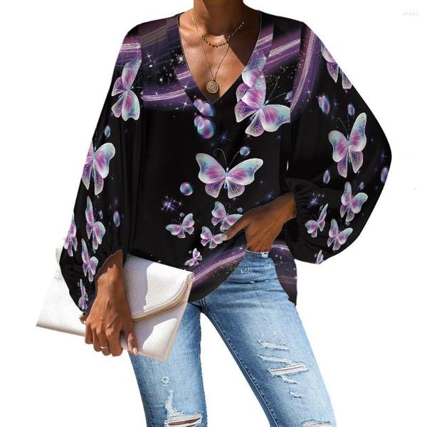 Damenblusen NOISYDESIGNS Chiffon Frau Schmetterlingsdruck 2023 Kleidung Hemd Langarm T-Shirts Design Vintage Mode Top