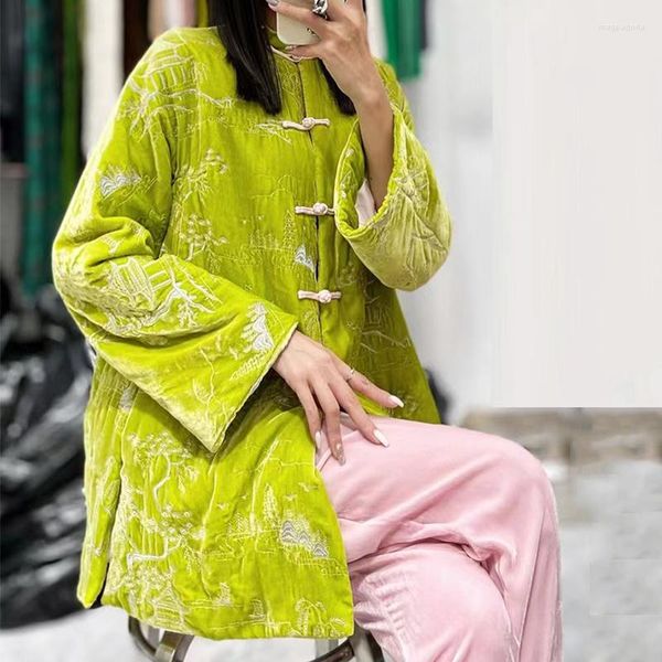 Ethnische Kleidung 2023 Winter chinesischer Stil Seidensamt Damen Baumwollkleidung Retro bestickter Stehkragen Einreiher Jacke S-XL