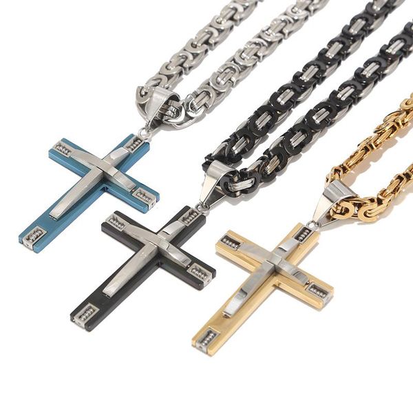 Colares 316L Aço Inoxidável Jesus Cristo Cruz Pingente Colar Byzantine Link Chain Gold Homens Meninos Presente