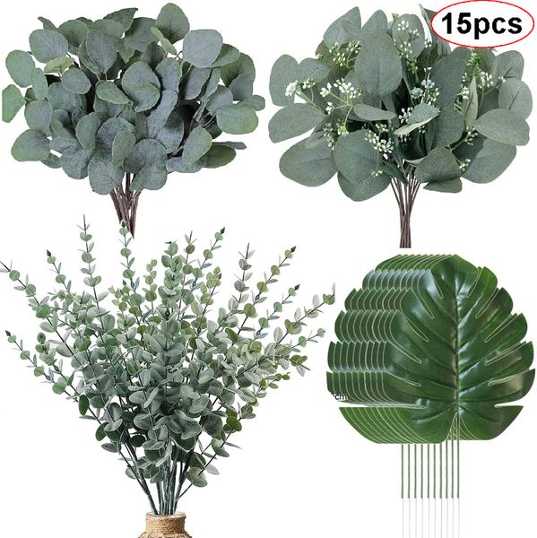 Flores decorativas grinaldas 15pcs Eucalipto artificial deixa a vegetação com gelo para vaso decoração de casamento de festas em casa ao ar livre decoração de parede de flores diy 230522