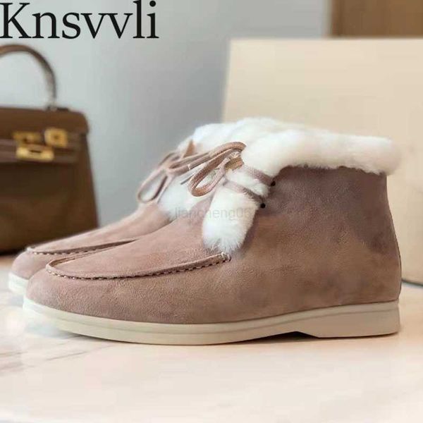 Botines de gamuza para niños, zapatos de invierno cálidos de lana para mujer, botas cortas planas con cordones y punta redonda para mujer, botas de nieve con cuello de piel para mujer X230523