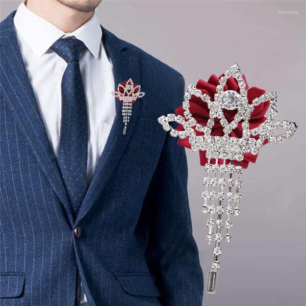 Dekorative Blumen Krone Diamant Trauzeugen Boutonniere Mann Anzug Anstecknadel Weinrot Strass DIY Herren Corsage Hochzeit Requisiten XH068D