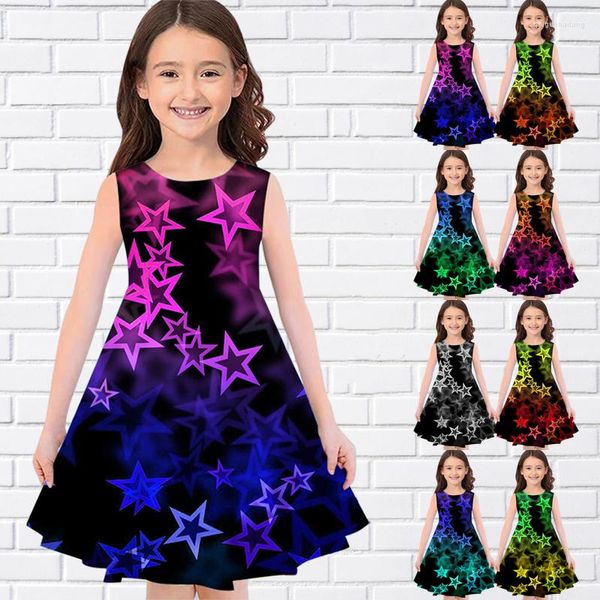 Mädchen Kleider Bunte Sterne 3D Druck Sommer Ärmelloses Kleid Casual O-ansatz Lange Mode Für Eid Kinder