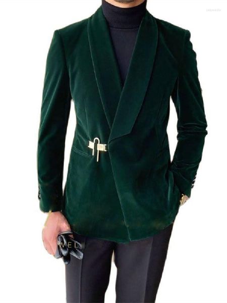 Abiti da uomo Abito da uomo in velluto verde scuro 2 pezzi Blazer da lavoro Pantaloni neri con cintura Matrimonio Sposo Abbigliamento da lavoro formale Festa Causale Su misura