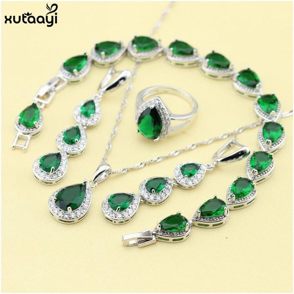 Sets Xutaayi Top -Qualität 925 Silberschmuck Sets Grüne imitierte Emerald Fancy Halskette/Ringe/Ohrringe/Armband Hochzeit Schmucksets