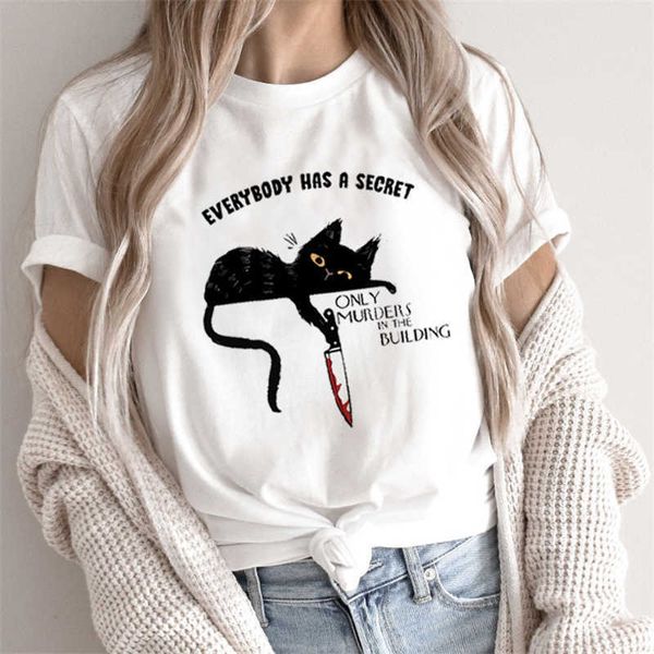 T-shirt sevimli kara kedi komik karikatür harajuku grafik gömlek 90'lar baskılı tişört moda estetik üst tee kadın p230523