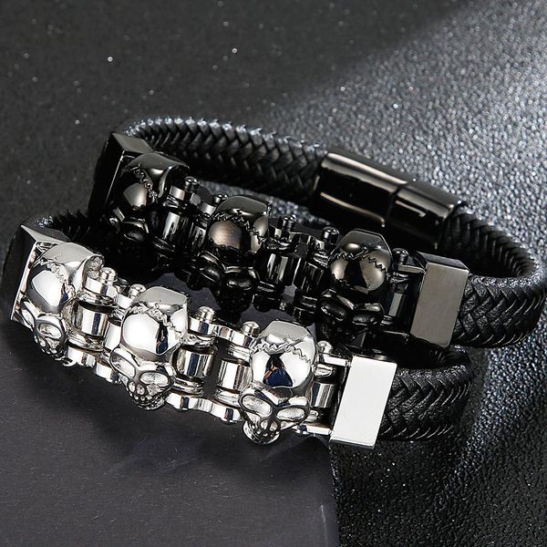 Girocolli Bracciale con teschio punk Braccialetti da uomo in pelle Bracciale Homme con chiusura magnetica Incisione di gioielli da uomo in acciaio inossidabile placcato nero