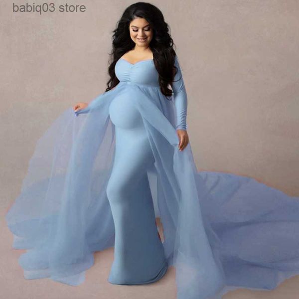 Umstandskleider 2023 Langarm Umstandskleid für Frauen Fotoshooting Kleidung Elegante Spitze Schwangere Abend Maxikleid Kostüm Fotografie Prop T230523