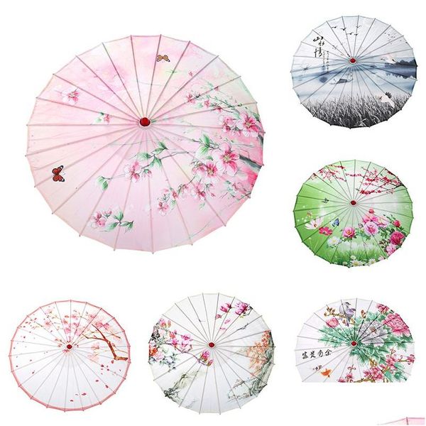 Guarda -chuvas Retro Manual Oil Paper Long Handle Dança performance Craft Umbrella Fashion Print