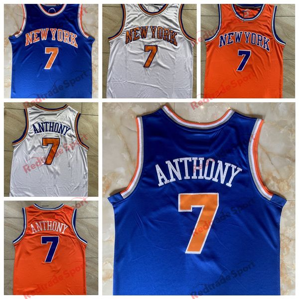 Novas camisas masculinas de basquete York #7 Carmelo Anthony Camisas vintage costuradas azul laranja S-XXL