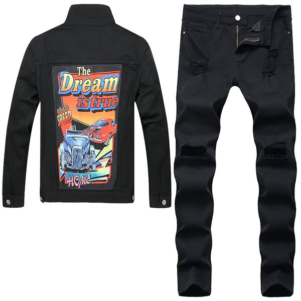 Сплошная черная куртка джинсы 2pcs для мужчин дыра, разорванная свободным джинсовым пальто с длинным рукавом и растяжки весенняя осень повседневные наряды