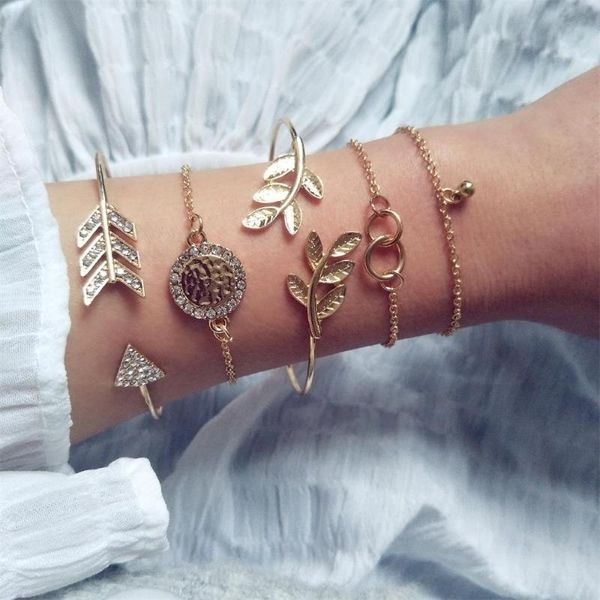 Bangle Bohemian Women Bracelets Disco de Arrow Leaf dois círculos Crystal Gold Set Set Feminino Festem Dança Jóias Acessórios para Jóias