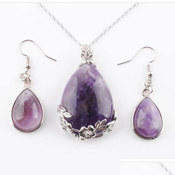 Ohrringe Halskette Heilung Lila Kristall Set Wassertropfen Reiki Natürlicher Amethyst Stein Anhänger Für Frauen Schmuck Sets Geschenk Q3074 Deli DH42Q