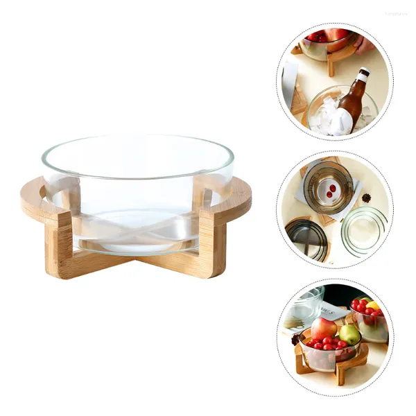 Set di stoviglie Ciotola Stoviglie per uso domestico resistenti al calore Base in legno Vassoio in plastica trasparente Coperchio contenitore in vetro per snack