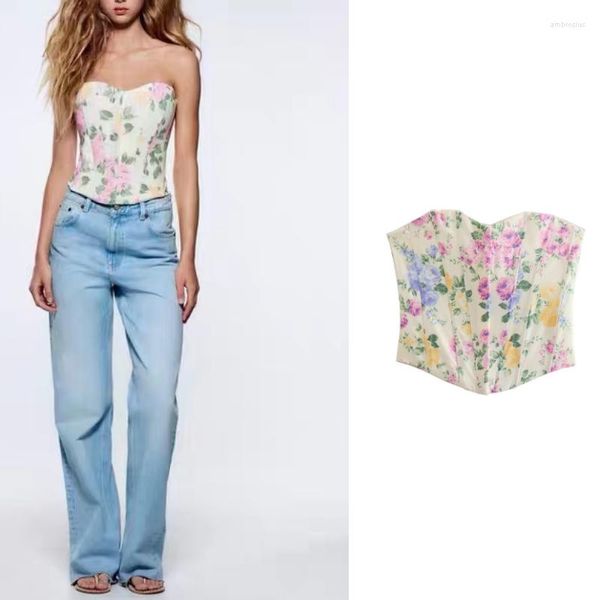 Tanques femininos 2023 Mulheres Floral Print Corset Top Summer Fashion Casual Sexy Backless All-Match Tops High Street Style