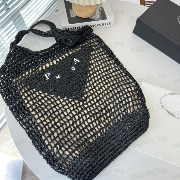 Strohfrau Strandtasche aushöhlen Handtaschen Übergroße Einkaufstasche Sommerstreifen Häkelschultertasche mit aufgesticktem Buchstaben