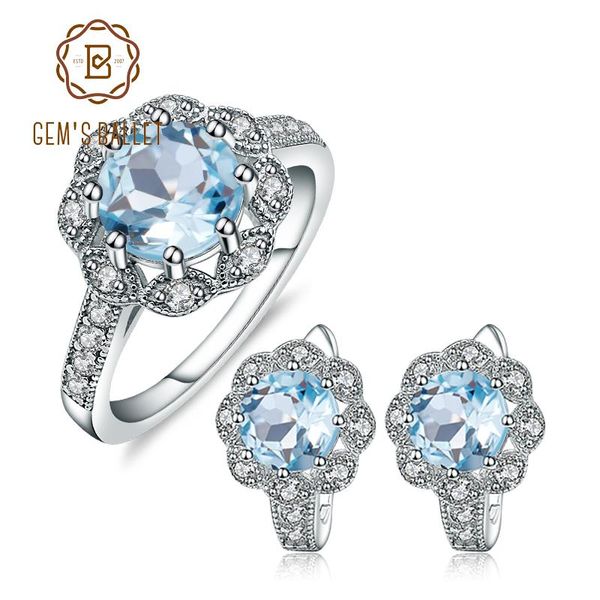 Conjuntos de balé gem's natural céu azul topázio floco de neve anéis brincos 925 prata esterlina pedra preciosa conjunto de jóias finas para presente feminino