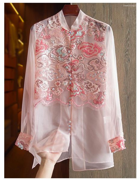 Roupas étnicas de verão Camisa de seda sofisticada Camisa de seda feminina Bordado de lantejoulas de retalhos de retalhos chineses Lady Top S-XL