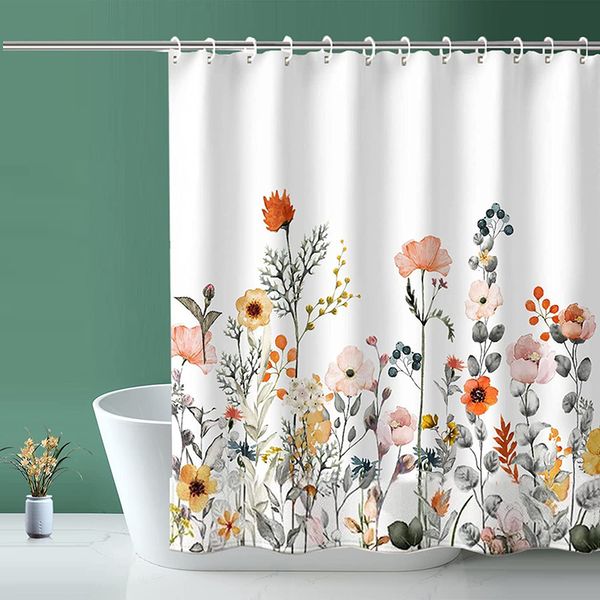 Duschvorhänge, Stoff-Duschvorhang, weißer Blumen-Duschvorhang, wasserdichter Polyester, bedruckte Badezimmertrennwand, dekorativ, mit Kunststoffhaken 230523