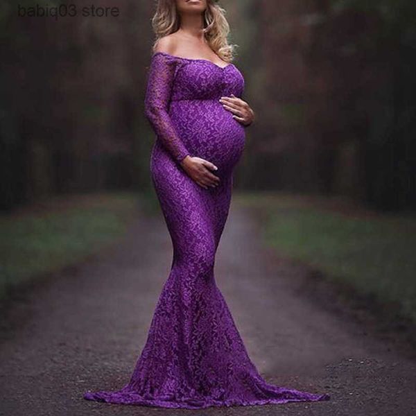 Maternidade Vestidos de roupas para mulheres grávidas Lace de maternidade fora do ombro V Vestido de vestido longo para grávida Sessão de fotografia de fotografia T230523