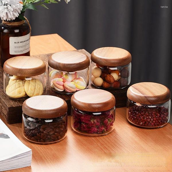 Garrafas de armazenamento criativo mini clear vidro jar jar de café com comida recipiente de madeira tampa de doce decoração domiciliar decoração