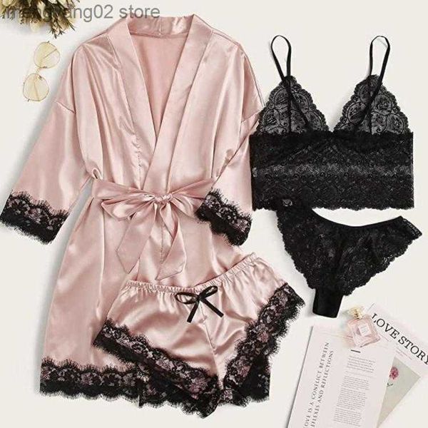 Pigiama da donna a maniche lunghe da donna Pigiama europeo americano Sexy Lingerie di pizzo Biancheria da notte Biancheria intima 4PC Set Bretelle di raso Sleepwear Camicia da notte T230523