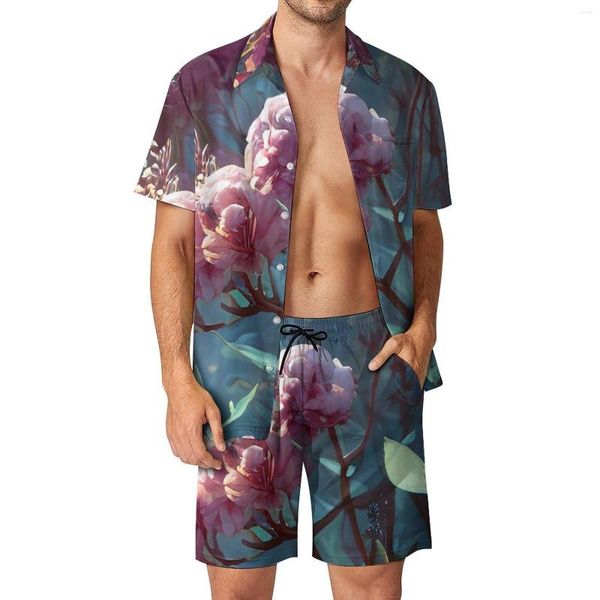 Herren-Trainingsanzüge, florale Oberfläche, Herren-Sets, rosa Blumendruck, Freizeithemd-Set, kurze Ärmel, grafische Shorts, Sommer-Fitness-Outdoor-Anzug Plus