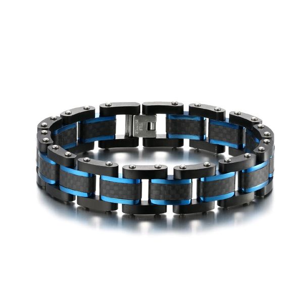 Bangle di gioielli fatti a mano uomo Fibra di carbonio solido Fibra di carbonio 15 mm in acciaio inossidabile Blu Contrasto nero Contrasto a 3 fili Extent Clasp