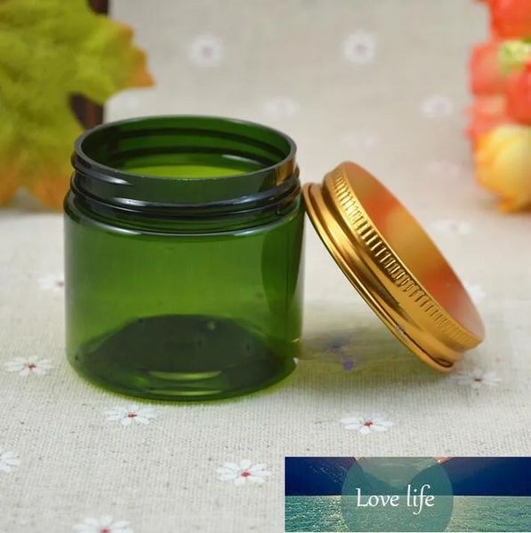 Semplice vasetto in PET verde da 50 grammi, lattine di crema verde da 50 g, vasetto in PET da 50 ml con tappo in alluminio bronzo/nero/oro Confezione cosmetica in vasetto per crema