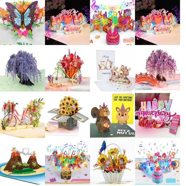 Cartões de felicitações aniversário com luzes e música engraçada Blowable Candle Musical Pop -Up Card Diy 09 Números Toque Happy Popup para Mulheres Mo Amacd