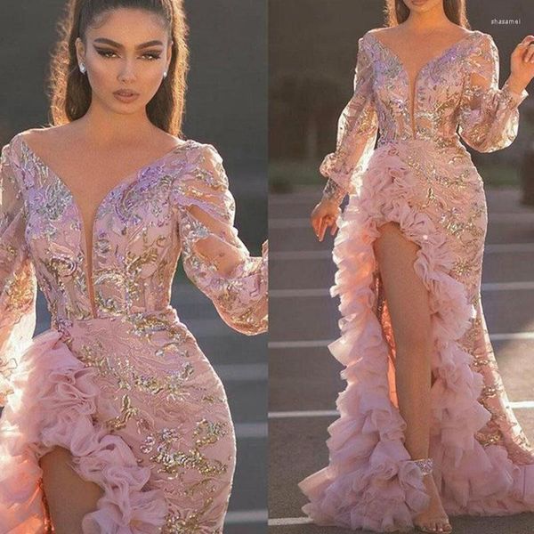 Lässige Kleider 2023 Frühling Spot Sexy V-Ausschnitt Mesh Pailletten Langarm hoch taillierte Schlitz rosa Schößchen Zug Kleid