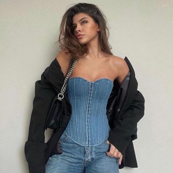 Camicette da donna Sexy Blue Denim Split Chest Wrap Donna Y2K Off spalla Corsetto Crop Top Club Summer Bustier Tube Donna 2023 Tank