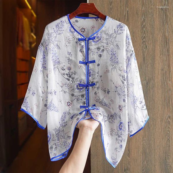 Abbigliamento etnico Camicia in organza di seta blu elegante estiva da donna Top cinese con maniche a tre quarti monopetto stampato vintage da donna