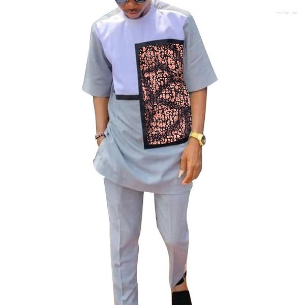 Tute da uomo Camicia patchwork da uomo grigio chiaro con pantaloni Abito da uomo nigeriano alla moda Abiti da festa di nozze africani